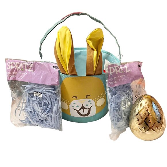 Easter Basket for Kids Bundle Canvas Bucket Grass Filler Golden Fillable Egg - Picture 1 of 11